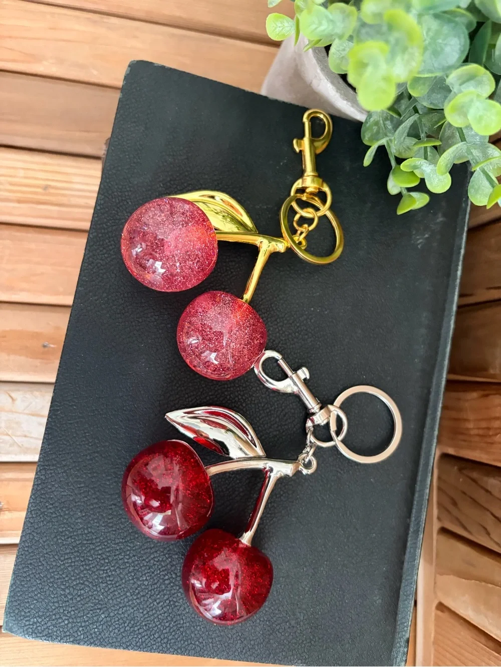 Stylish Pair of Cherries Purse Keychain Charm - Pink Gold and Silver Red